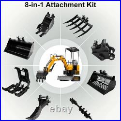 1Ton Mini Excavator with 8 Attachments Kit Auger, Rake, Grabber, Ripper, Bucket 1Ton Mini Excavator with 8 Attachments Kit Auger, Rake, Grabber, Ripper, Bucket