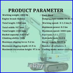 1.4 Ton Mini Excavator Hydraulic Tracked Digger Kubota Diesel Engine USA STOCK
