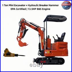 1 T Mini Excavator WithHydraulic Breaker Hammer 13.5HP EPA B&S Digger Unassembled