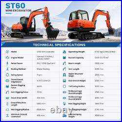 6Ton Mini Excavator Diesel Side Swing Digger, Yanmar Engine, Cab, Multi Attachments