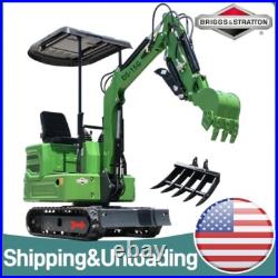 A Mini Excavator 13.5HP 1 Ton Hydraulic Thumb WithCanopy Digger Gasoline B&S Rake