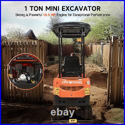 CREWORKS 13.5HP Mini Excavator 1 Ton Mini Digger w Adjustable Seat & Rain Canopy