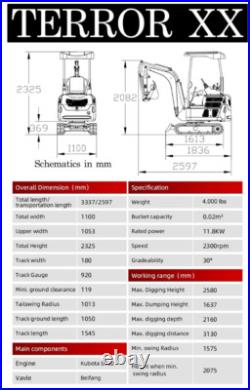 FREE SHIPPING 2025 2 Ton New Mini Excavator, KUBOTA D902 Diesel Engine 16 hpOpen
