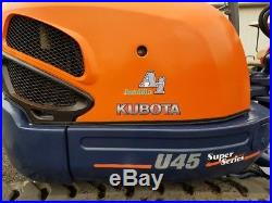 Kubota U45 Mini Excavator, 42 HP Zero Tail Swing, Thumb, Angle Blade, 493 Hours