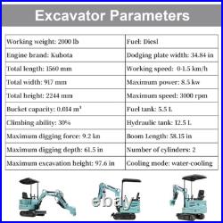 Mini Excavator + 600mm Rake Hydraulic Diggers with Kubota Engine USA Warehouse