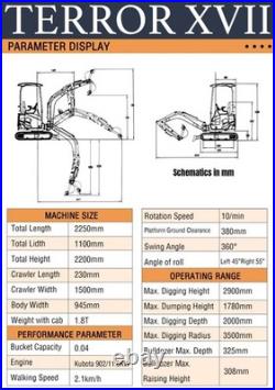 TERROR XVII FLEX 3800lbs Mini Excavator w EPA Diesel Kubota D902 Engine FreeShip