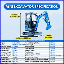 TYPHON TERROR XIX Prestige Mini Excavator 4200lbs 20.4 HP Kubota D902 diesel Cab