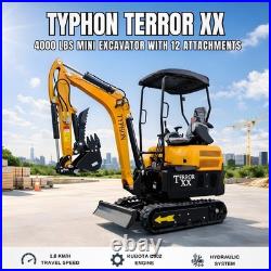 TYPHON TERROR XX 4000lb Mini Excavator 12 Attachments Kubota D902 Diesel Engine TYPHON TERROR XX 4000lb Mini Excavator 12 Attachments Kubota D902 Diesel Engine
